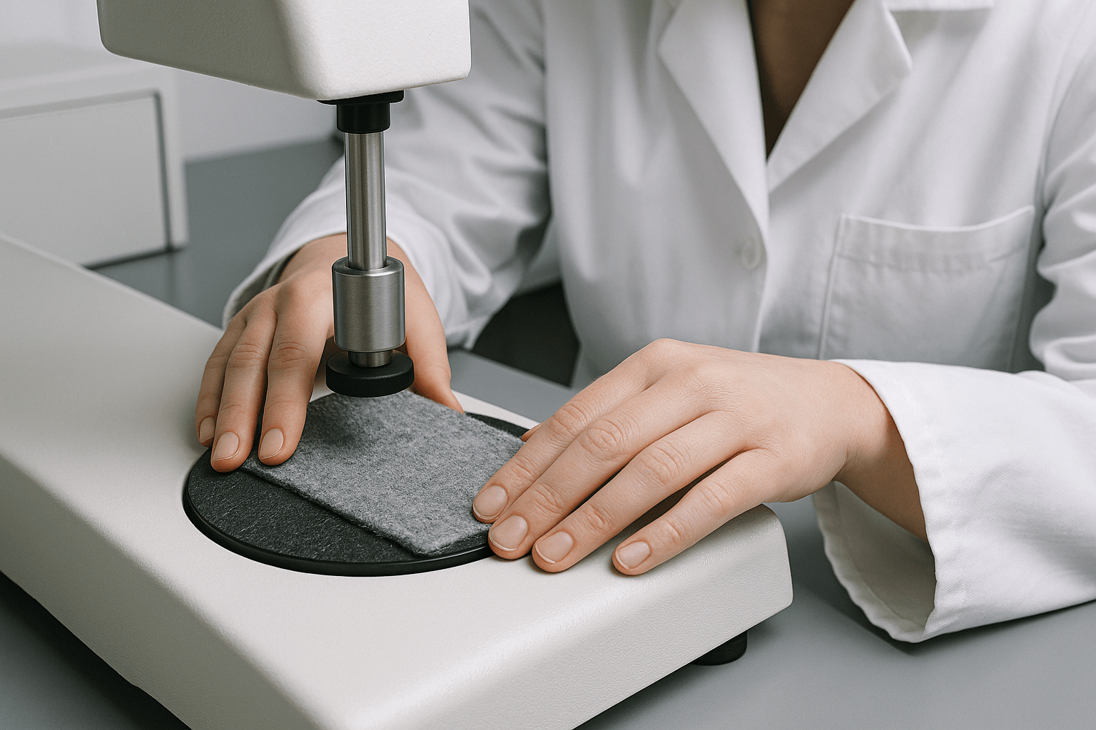 A lab technician performing a pilling test on a fabric swatch